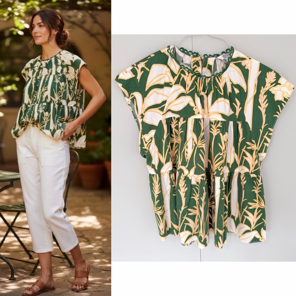 CROSBY by Mollie Burch Green and Cream Botanical Peasant Blouse